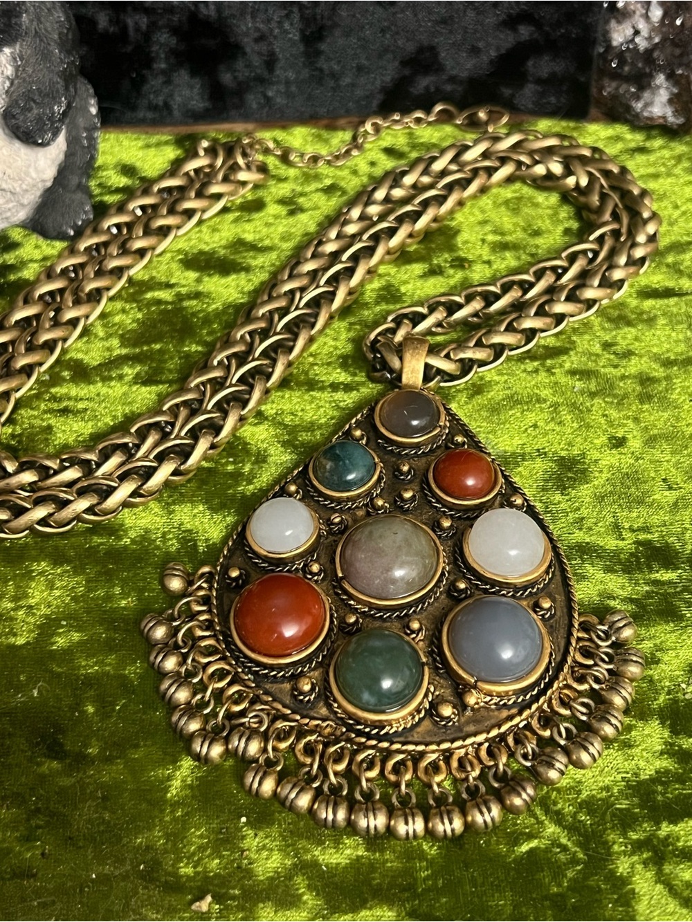 Antique-Style Multistone Large Teardrop Pendant Necklace - Gold Tone